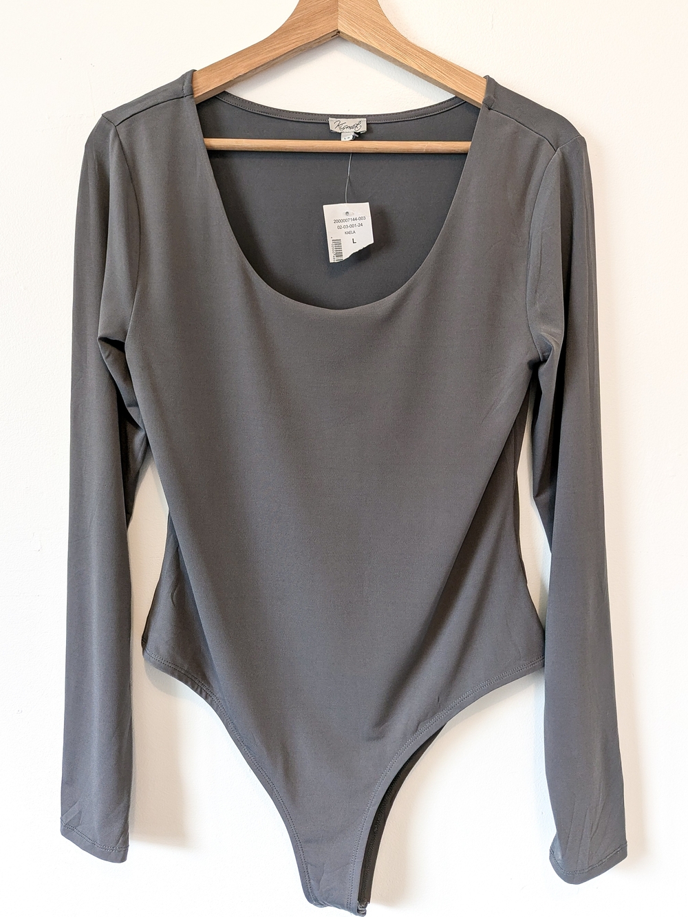 Kismet Charcoal Grey Long Sleeve Scoop Neck Bodysuit L NWT